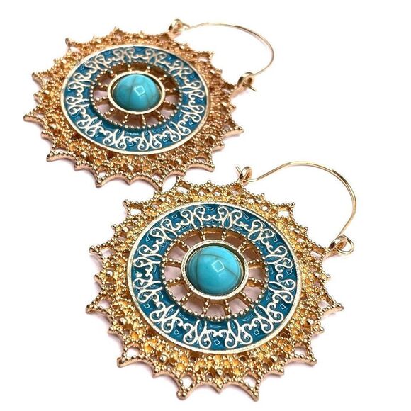 Yellow Gold with Turquoise and Blue Enamel Round Drop Hinge Hook Earrings - Picture 3 of 7